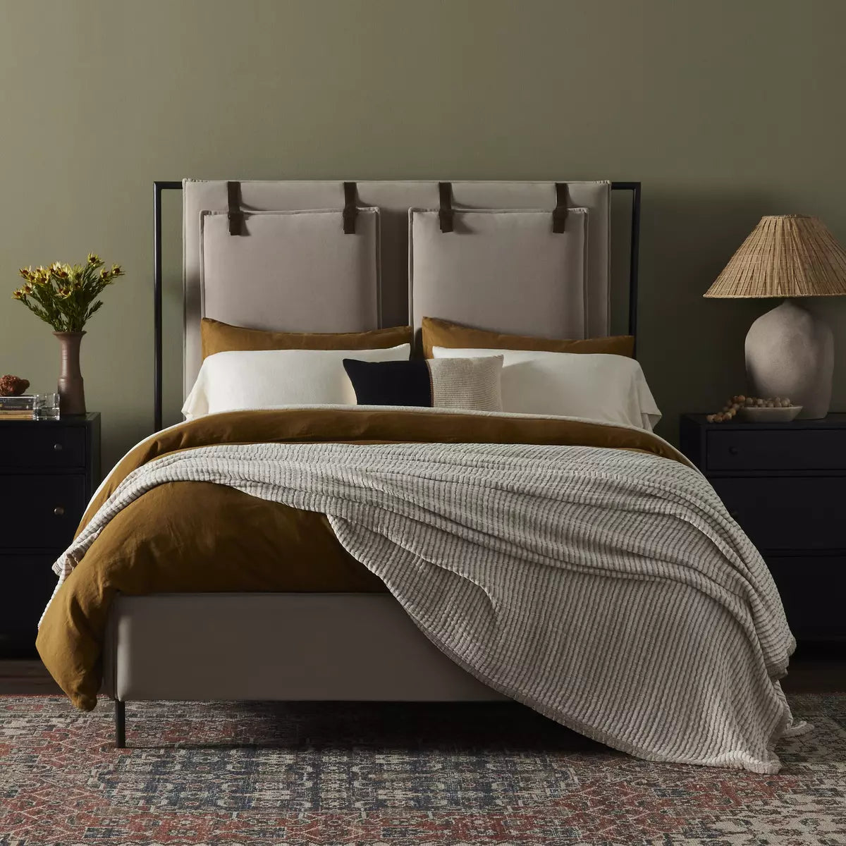 Leigh Upholstered Bed Modern Velvet Sand | BeBoldFurniture