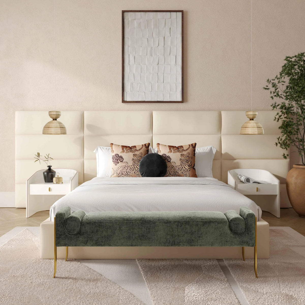 Eliana Cream Velvet Queen Bed With Wings | BeBoldFurniture