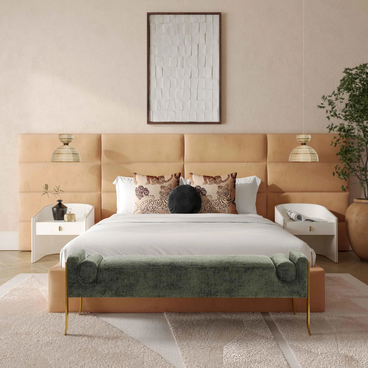 Eliana Honey Velvet Queen Bed With Wings | BeBoldFurniture