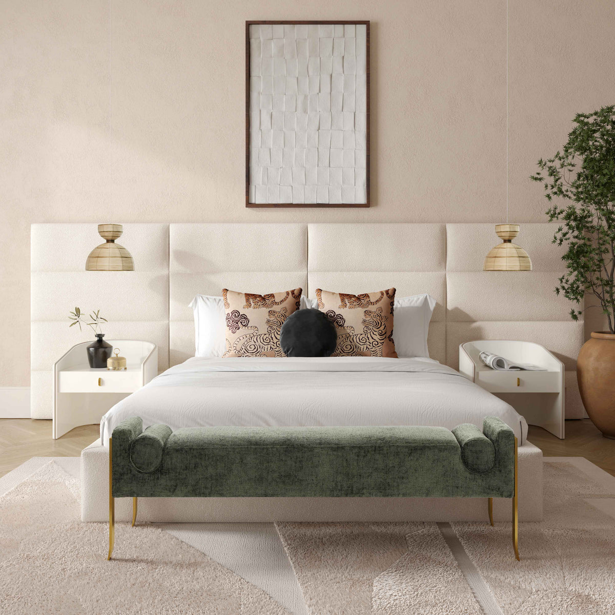 Eliana Cream Boucle Velvet King Bed With Wings | BeBoldFurniture