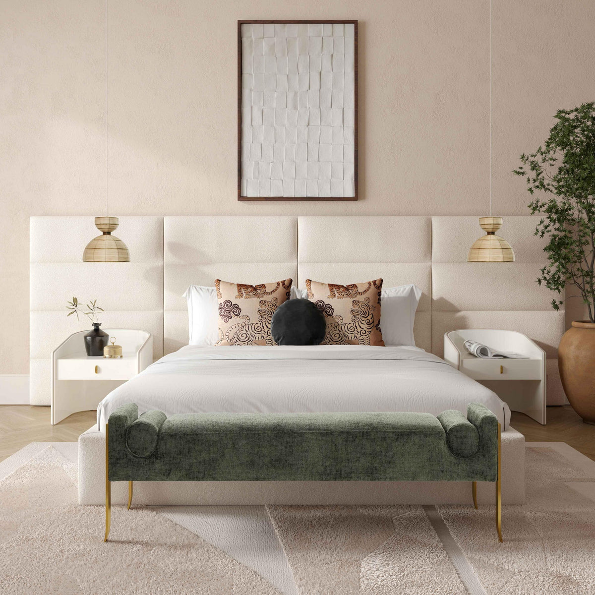 Eliana Cream Boucle Velvet Queen Bed With Wings | BeBoldFurniture