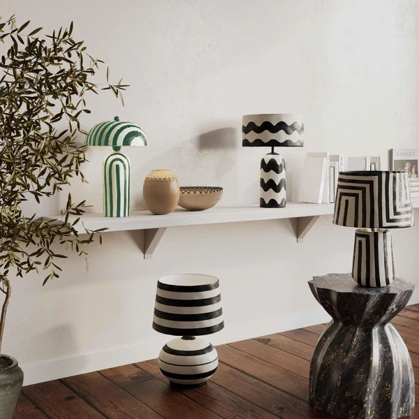 Maiori Dark Green Striped Papier Mache Table Lamp | BeBoldFurniture