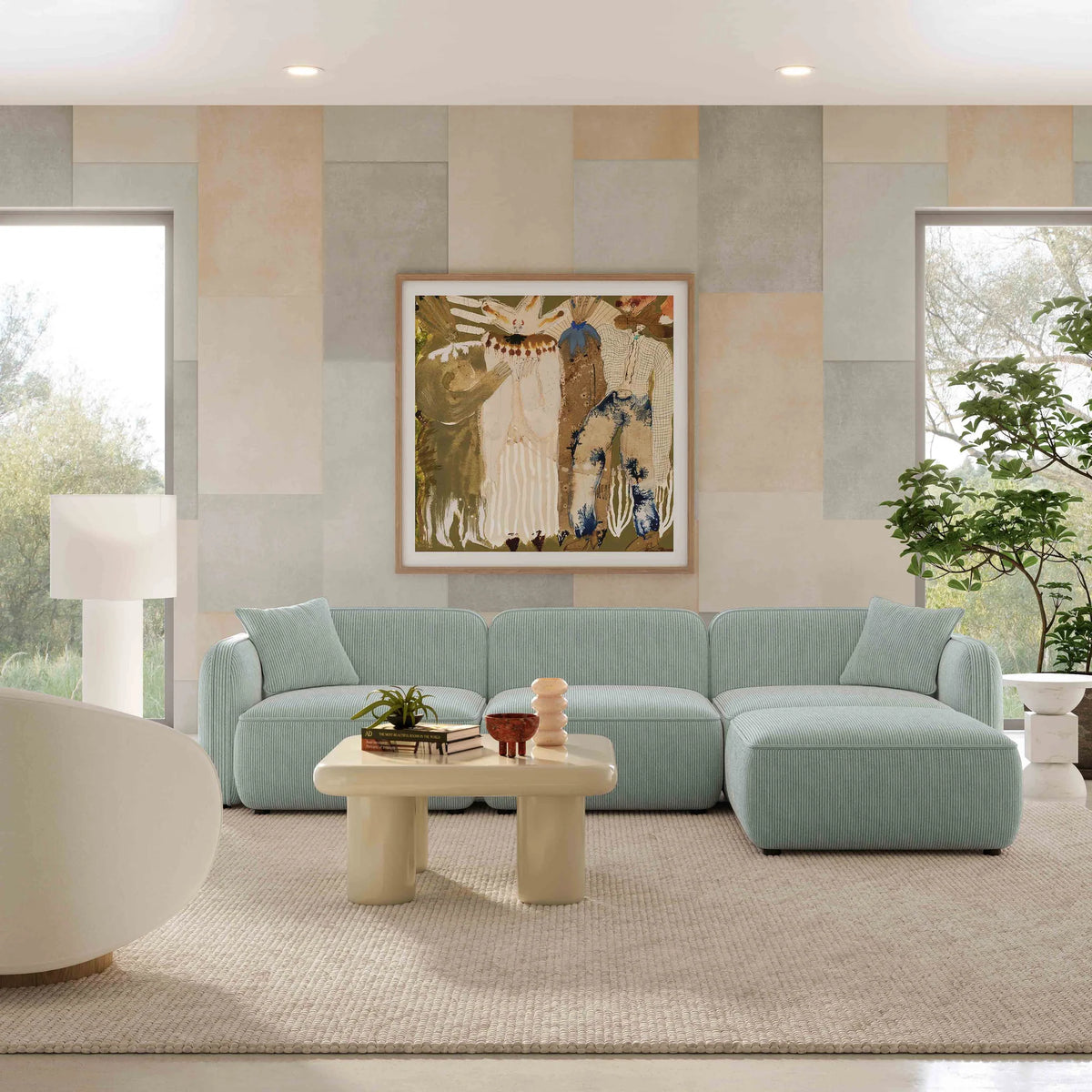 Travie Light Green Performance Corduroy Velvet 4-Piece Modular Sectional | BeBoldFurniture