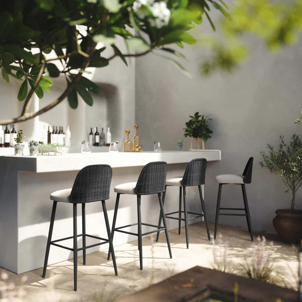 Alexa Black Rattan Performance Fabric Barstool | BeBoldFurniture
