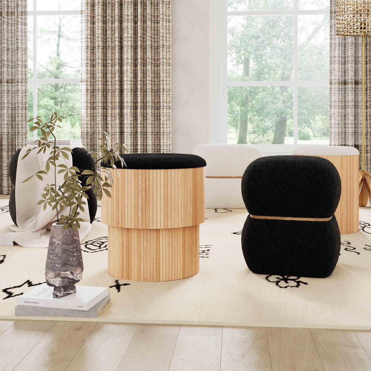 Helga Black Vegan Shearling Oval Ottoman | BeBoldFurniture