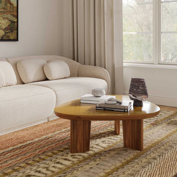 Oani Walnut and Glass Triangular Coffee Table | BeBoldFurniture
