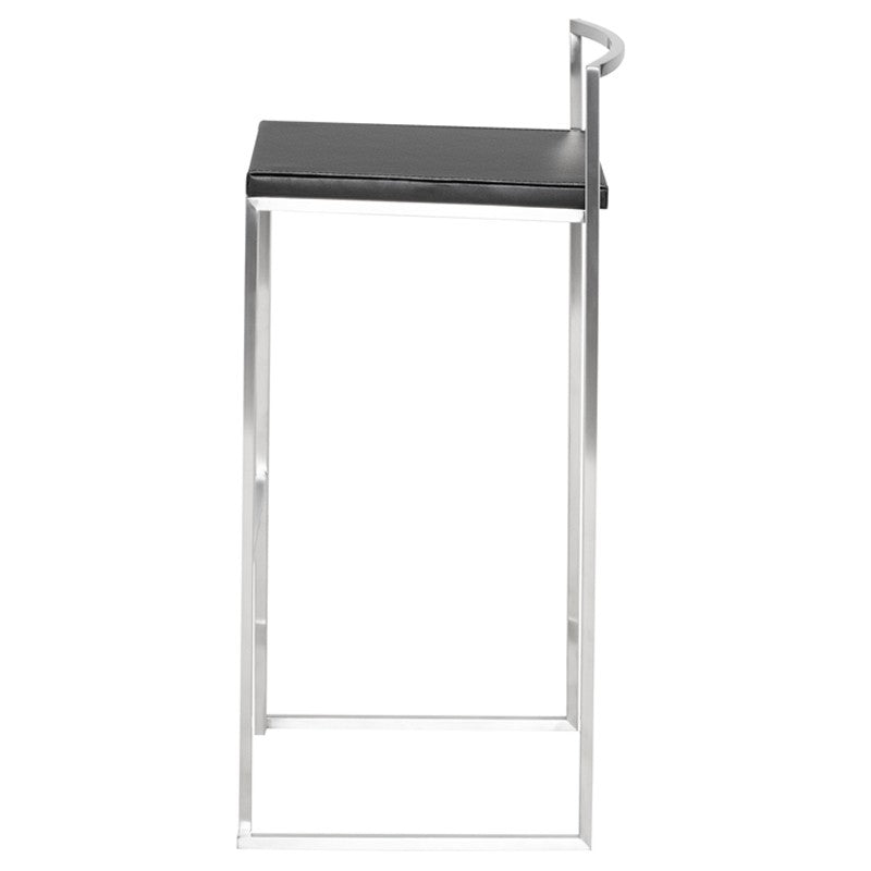 Genoa Counter Stool Black Leather Brushed Stainless 16″ - Be Bold Furniture