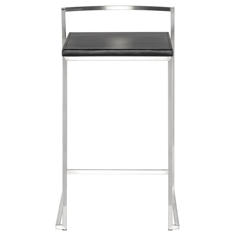 Genoa Counter Stool Black Leather Brushed Stainless 16″ - Be Bold Furniture