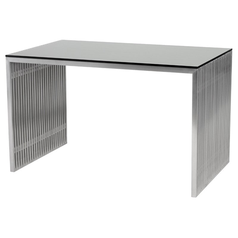 Amici Desk Table Brushed Stainless/Clear Tempered Glass 48″ - Be Bold Furniture