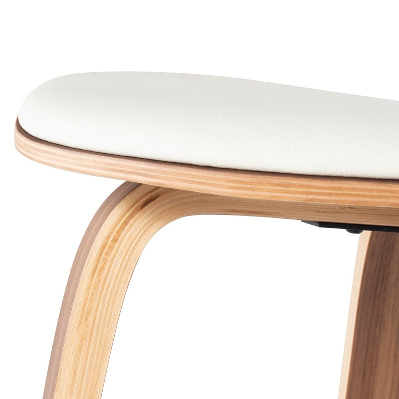 Satine Bar Stool White Leather/Walnut Veneer 18″ - Be Bold Furniture