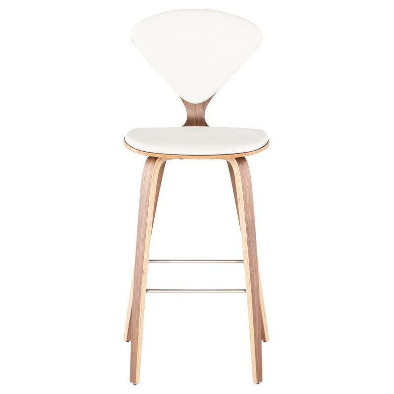 Satine Bar Stool White Leather/Walnut Veneer 18″ - Be Bold Furniture