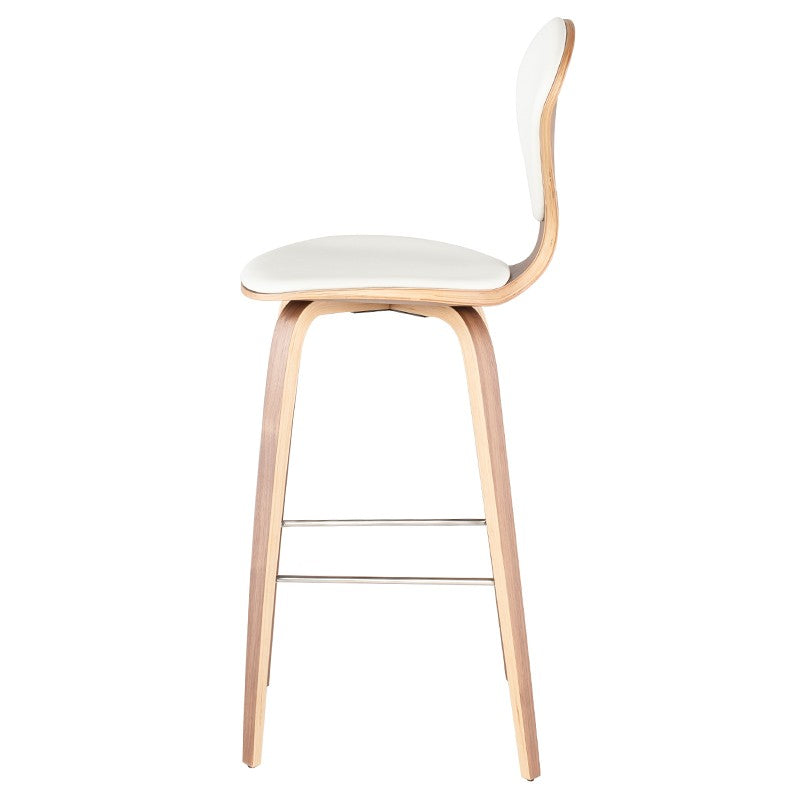 Satine Bar Stool White Leather/Walnut Veneer 18″ - Be Bold Furniture