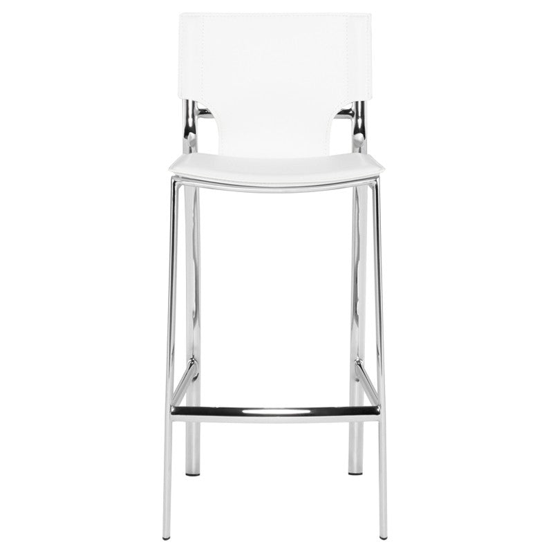 Lisbon Bar Stool White Leather/Chrome Steel 16″ - Be Bold Furniture