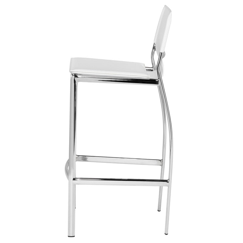 Lisbon Bar Stool White Leather/Chrome Steel 16″ - Be Bold Furniture