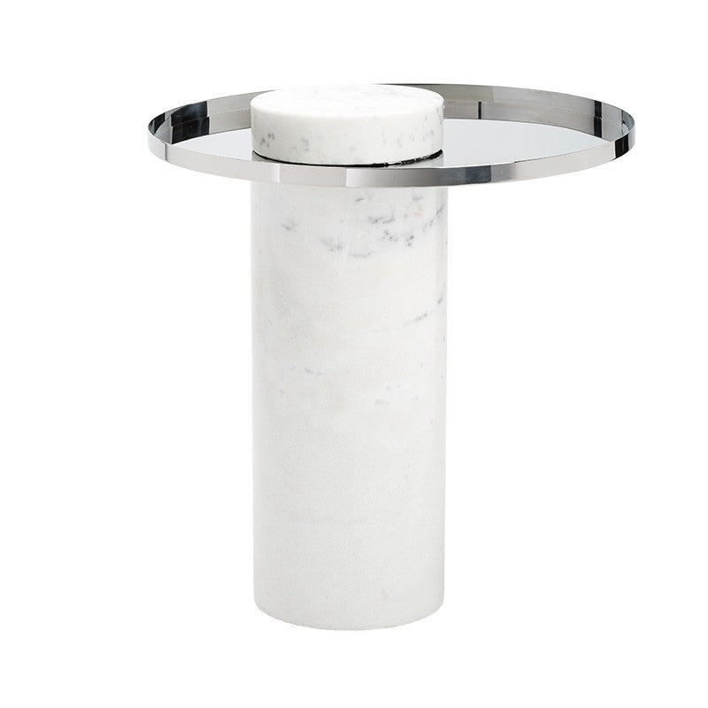 Pillar Side Table Polished Stainless/White Marble 19.8″ - Be Bold Furniture