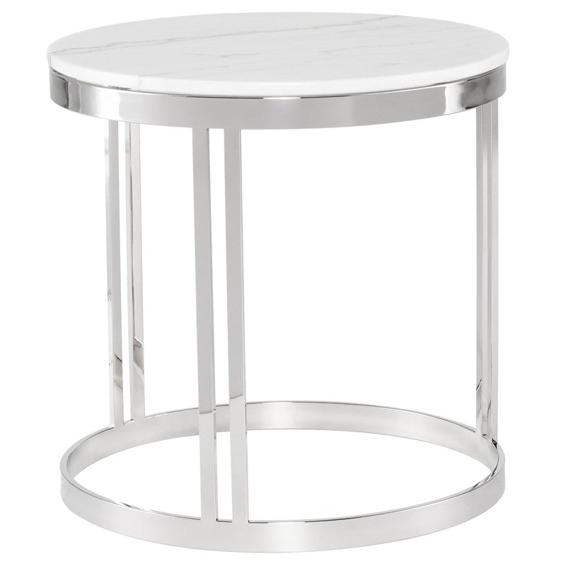 Nicola Side Table White Marble/Polished Stainless 23.8″ - Be Bold Furniture