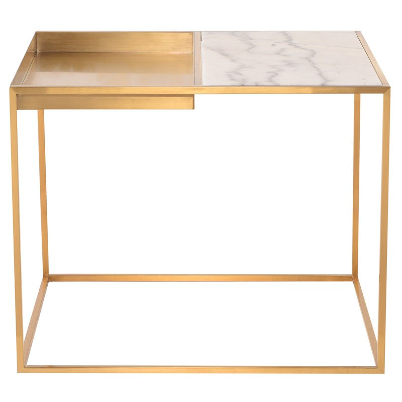 Corbett Side Table White Marble/Brushed Gold 30″ - Be Bold Furniture