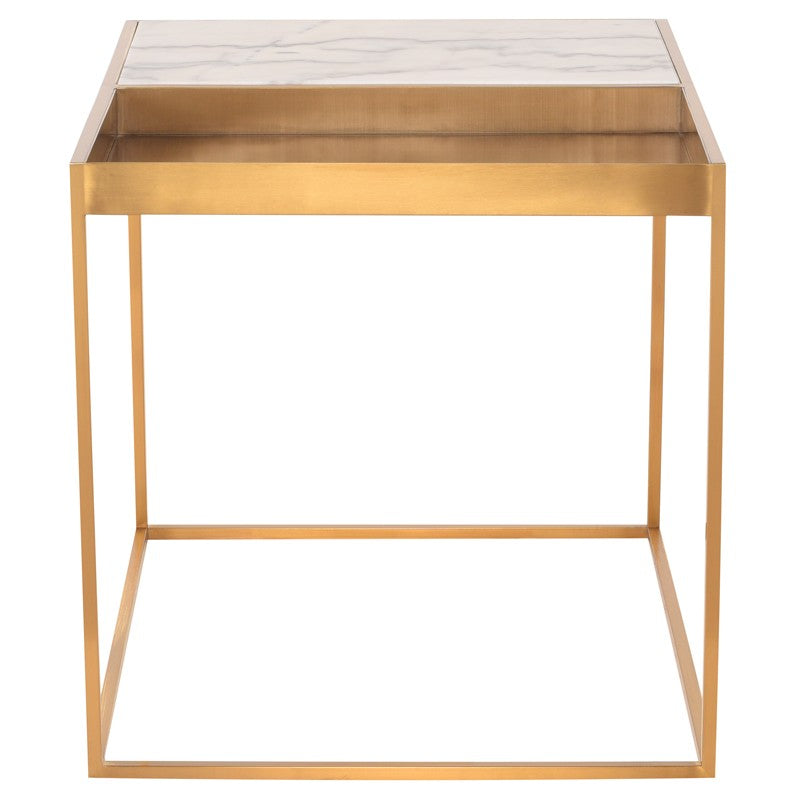 Corbett Side Table White Marble/Brushed Gold 30″ - Be Bold Furniture