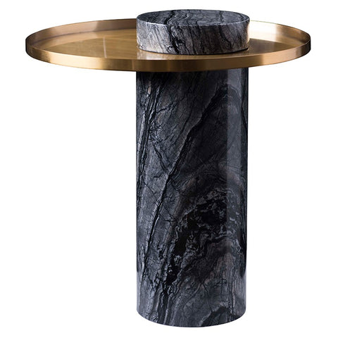 Pillar Side Table Brushed Gold/Black Wood Vein Marble 19.8″ - Be Bold Furniture