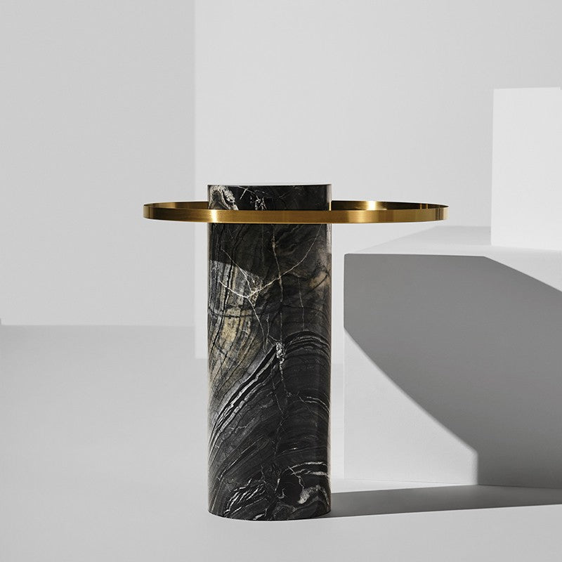 Pillar Side Table Brushed Gold/Black Wood Vein Marble 19.8″ - Be Bold Furniture