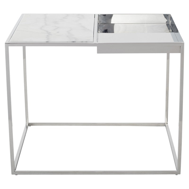 Corbett Side Table White Marble/Polished Stainless 30″ - Be Bold Furniture