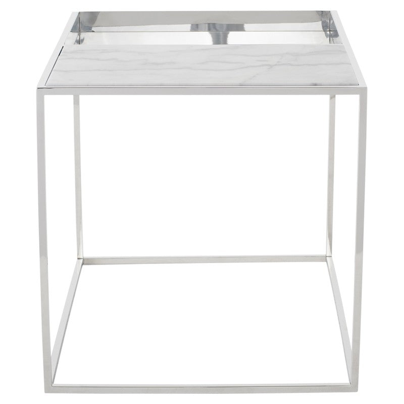 Corbett Side Table White Marble/Polished Stainless 30″ - Be Bold Furniture