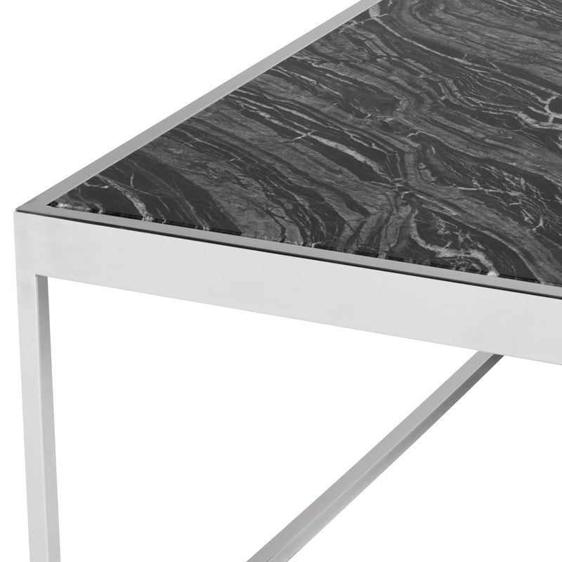 Corbett Coffee Table Black Wood Vein Marble/Polished Stainless 55.3″ - Be Bold Furniture