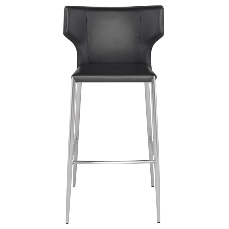 Wayne Bar Stool Black Leather/Polished Stainless 18″ - Be Bold Furniture