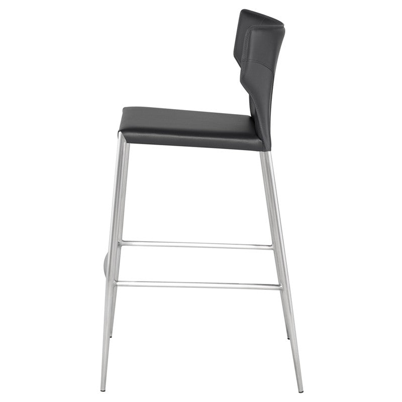 Wayne Bar Stool Black Leather/Polished Stainless 18″ - Be Bold Furniture