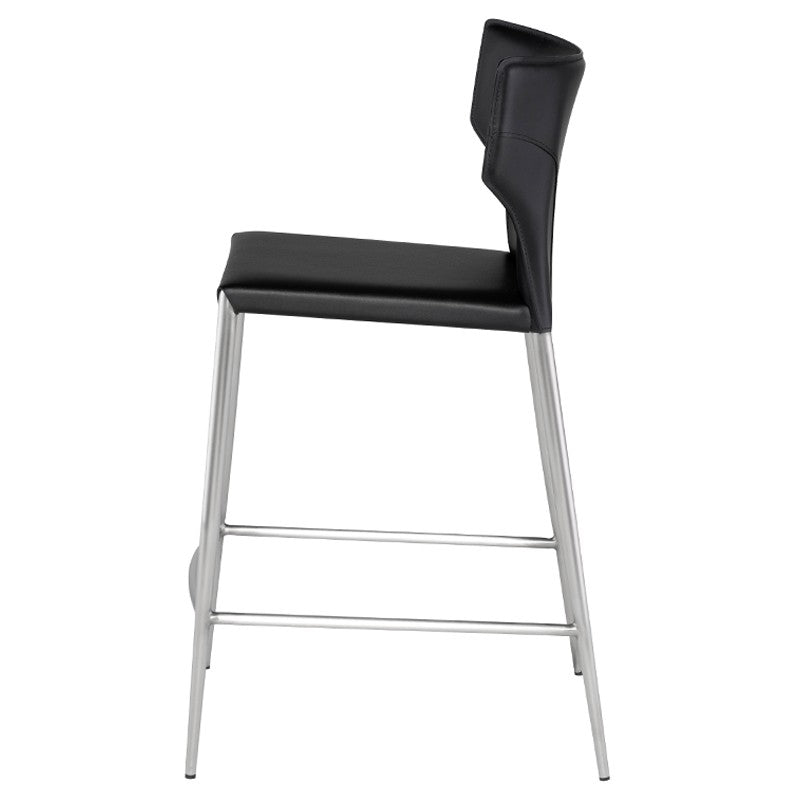 Wayne Counter Stool Black Leather/Brushed Stainless 20″ - Be Bold Furniture