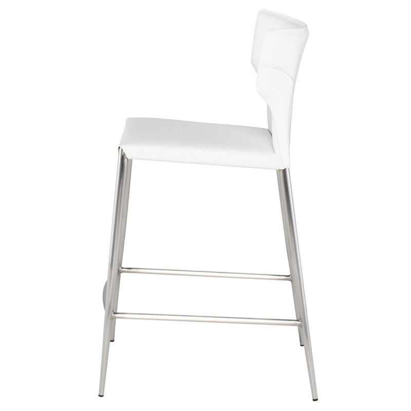 Wayne Counter Stool White Leather/Brushed Stainless 20″ - Be Bold Furniture