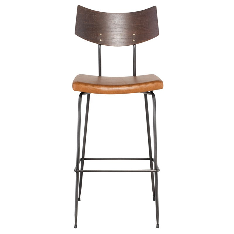 Soli Bar Stool Caramel Leather/Seared Oak Backrest 17″ - Be Bold Furniture