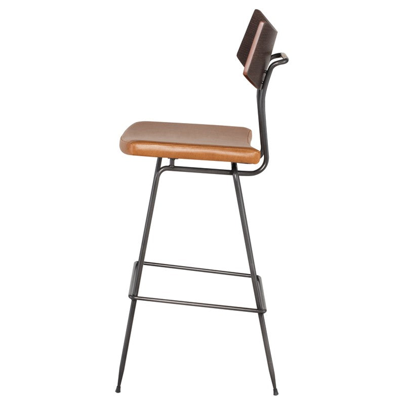 Soli Bar Stool Caramel Leather/Seared Oak Backrest 17″ - Be Bold Furniture