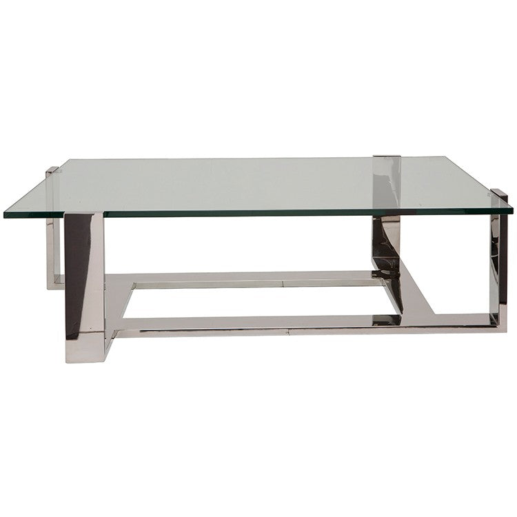 Flynn Coffee Table Polished Stainless/Clear Tempered Glass 62″ - Be Bold Furniture