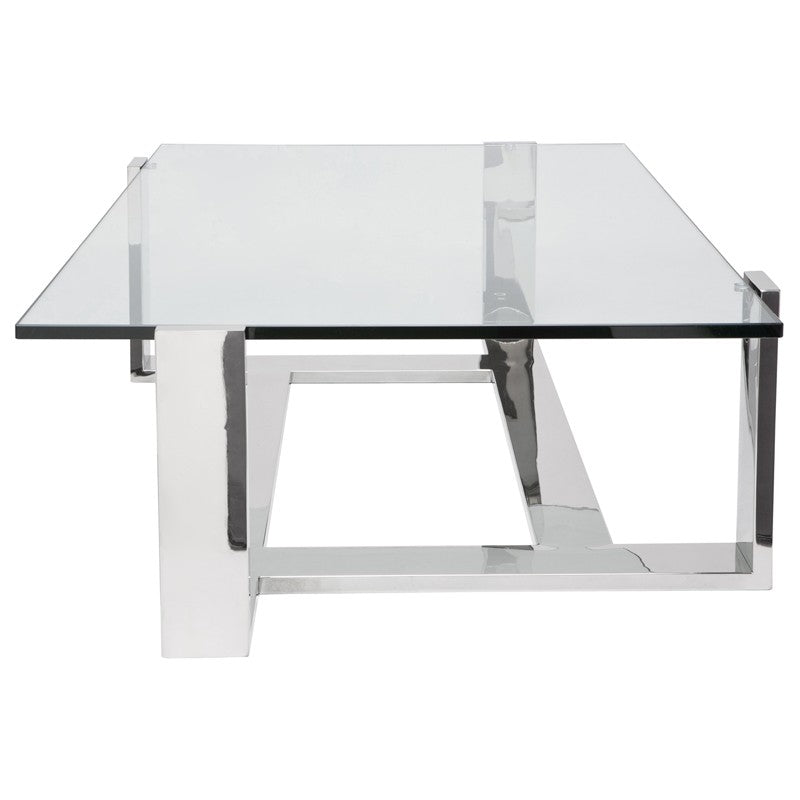 Flynn Coffee Table Polished Stainless/Clear Tempered Glass 62″ - Be Bold Furniture