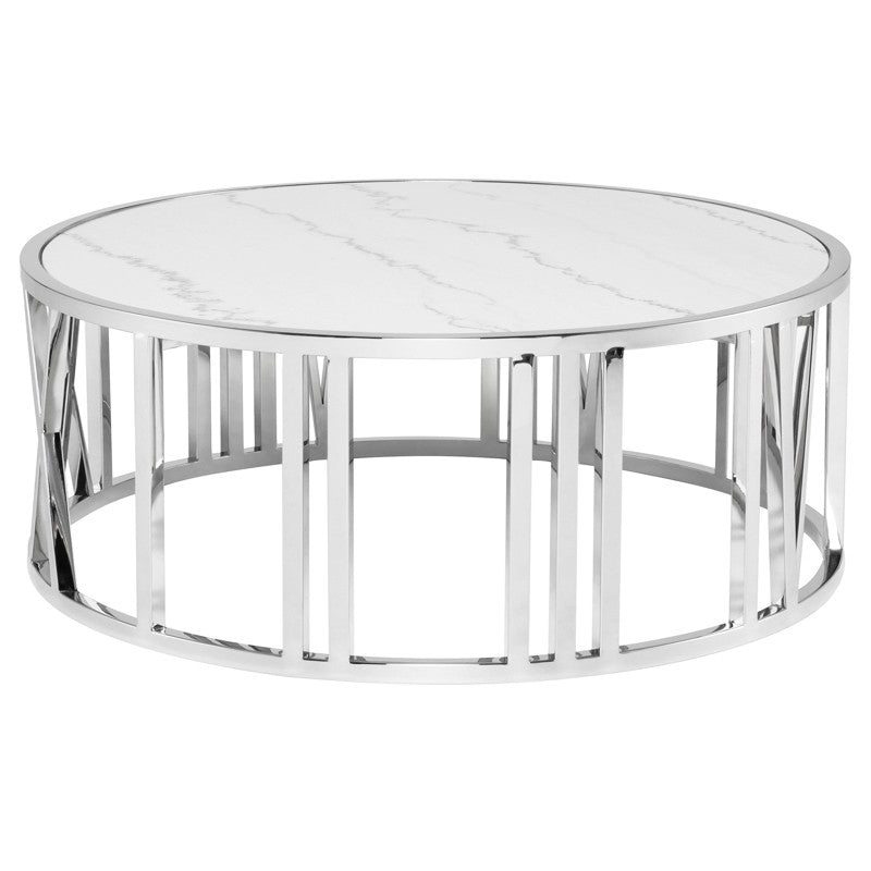 Roman Coffee Table White Marble/Polished Stainless 41.5″ - Be Bold Furniture
