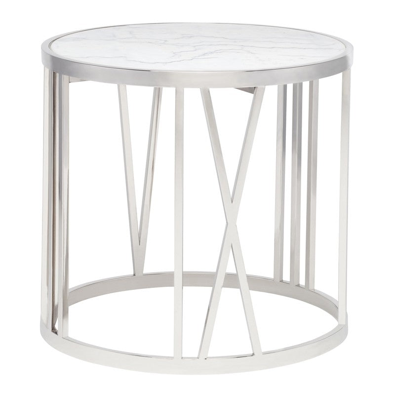 Roman Side Table White Marble/Polsihed Stainless 23.8″ - Be Bold Furniture