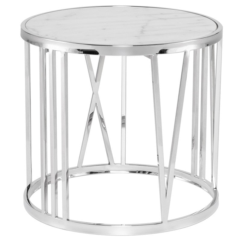 Roman Side Table White Marble/Polsihed Stainless 23.8″ - Be Bold Furniture