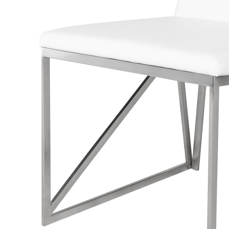 Caprice Dining Chair White Naugahyde/Brushed Stainless 17.8″ - Be Bold Furniture